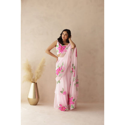 DEASHA INDIA Yuvika Pink Hand Painted Pre-Draped Saree with Stitched Blouse