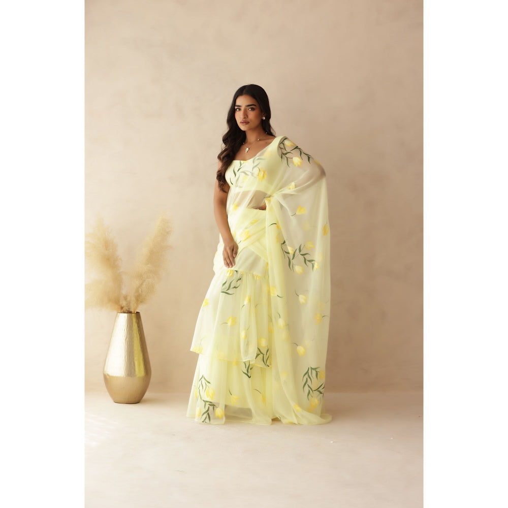 DEASHA INDIA Eshanya Yellow Hand Painted Pre-Draped Saree with Stitched Blouse