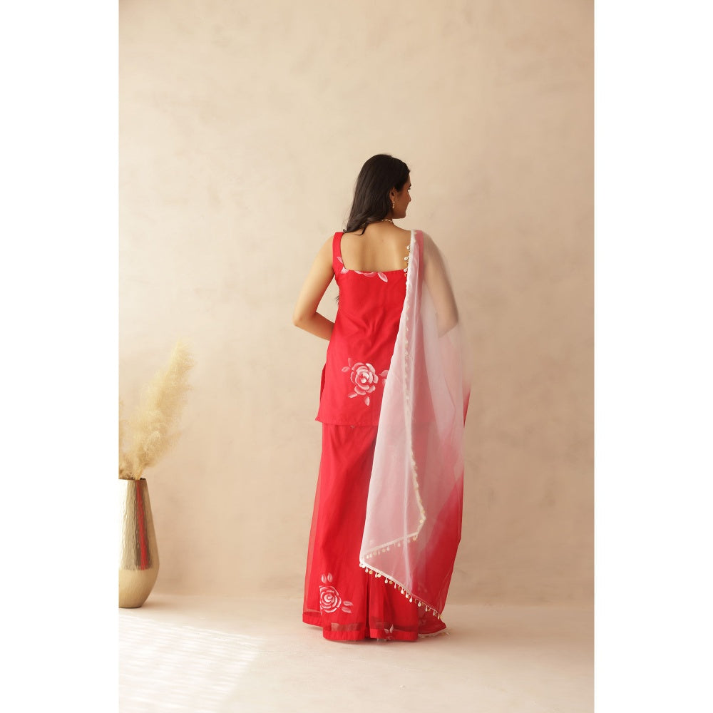 DEASHA INDIA Red Heer Hand Painted Kurti with Palazzo and Dupatta (Set of 3)