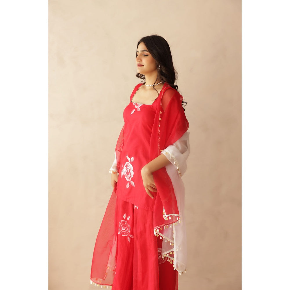 DEASHA INDIA Red Heer Hand Painted Kurti with Palazzo and Dupatta (Set of 3)