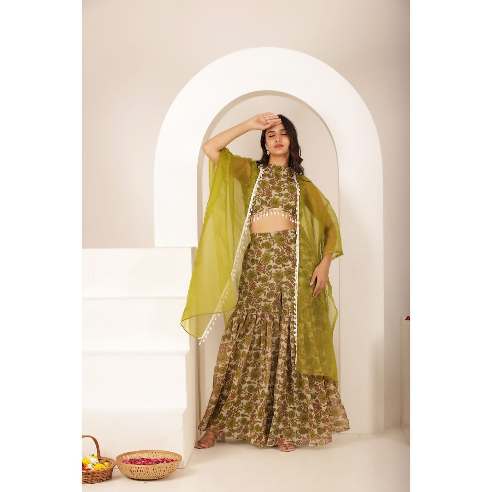 DEASHA INDIA Saee Green Floral Forest Organza Sharara with Crop Top and Cape (Set of 3)
