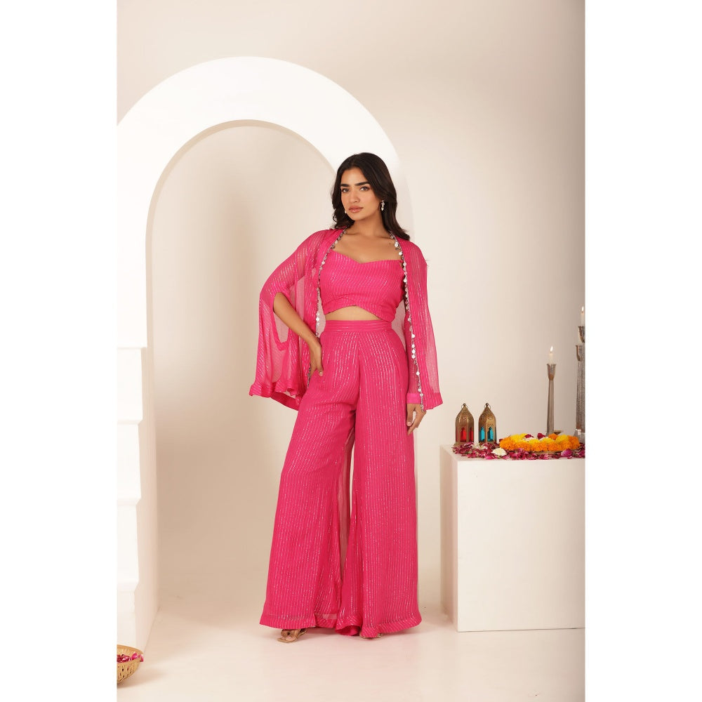 DEASHA INDIA Pakhee Pink Lurex Blouse with Palazzo and Cape (Set of 3)