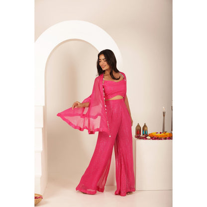 DEASHA INDIA Pakhee Pink Lurex Blouse with Palazzo and Cape (Set of 3)