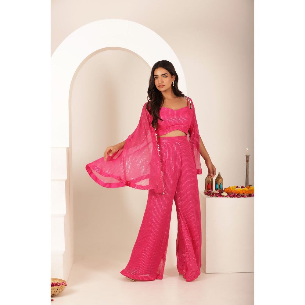 DEASHA INDIA Pakhee Pink Lurex Blouse with Palazzo and Cape (Set of 3)