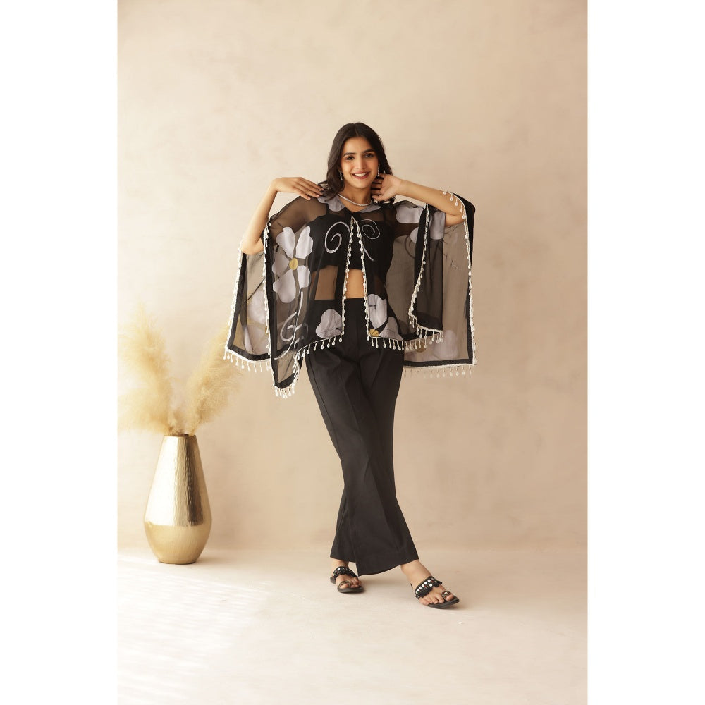 DEASHA INDIA Sakhi Black Hand Painted Cape with Blouse and Pant (Set of 3)
