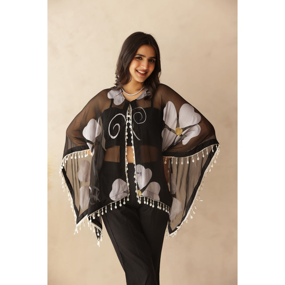 DEASHA INDIA Sakhi Black Hand Painted Cape with Blouse and Pant (Set of 3)