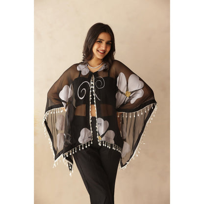 DEASHA INDIA Sakhi Black Hand Painted Cape with Blouse and Pant (Set of 3)