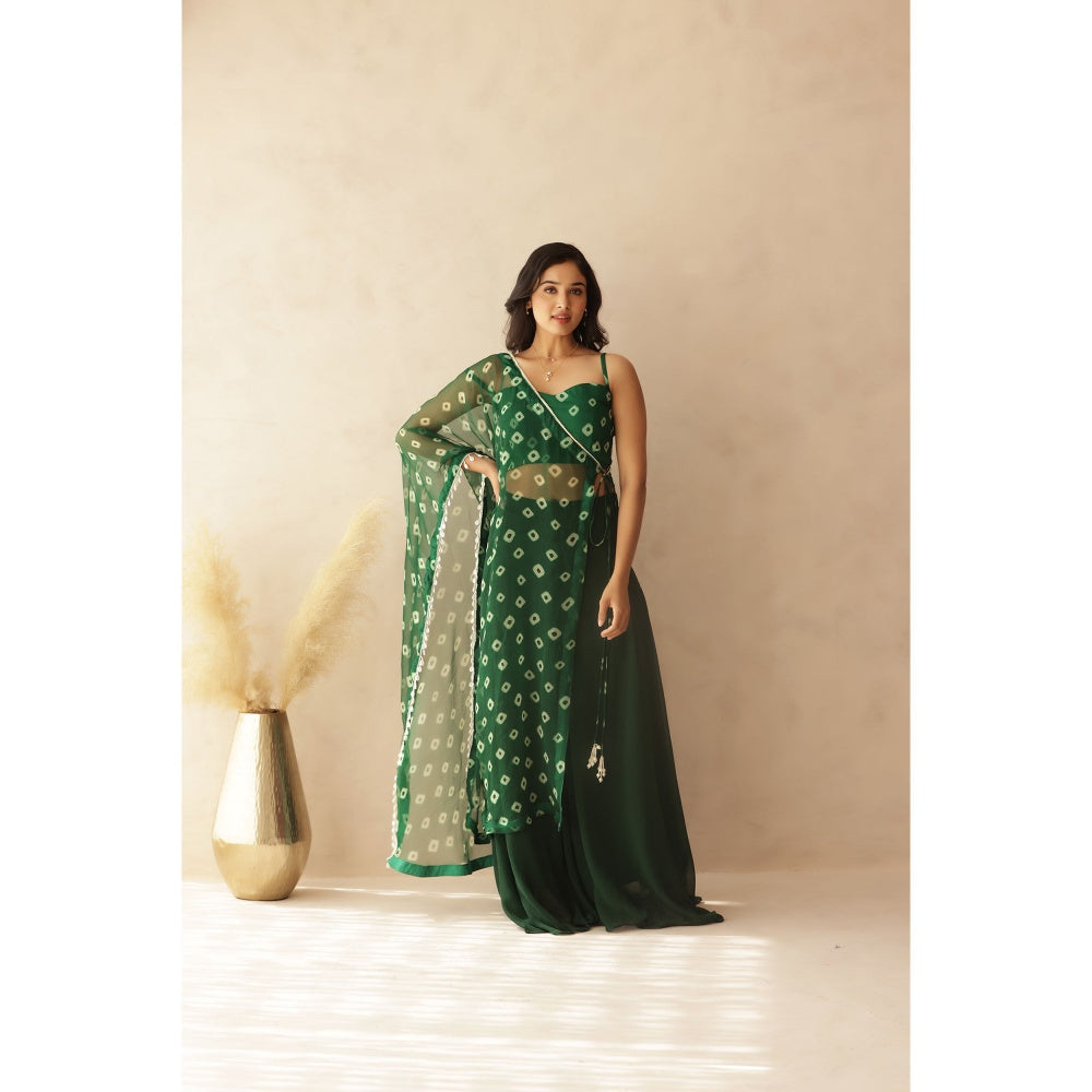DEASHA INDIA Kiana Green Bandhej Blouse with Palazzo and Cape (Set of 3)
