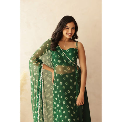 DEASHA INDIA Kiana Green Bandhej Blouse with Palazzo and Cape (Set of 3)