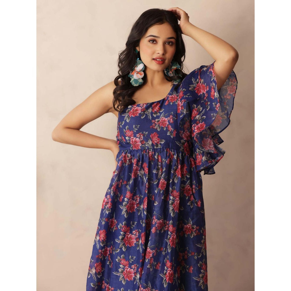 DEASHA INDIA Stella Dark Blue Floral Printed One Shoulder Dress