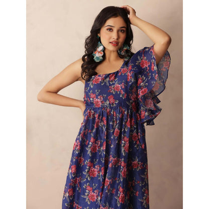 DEASHA INDIA Stella Dark Blue Floral Printed One Shoulder Dress