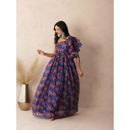DEASHA INDIA Stella Dark Blue Floral Printed One Shoulder Dress