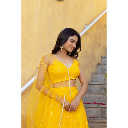 DEASHA INDIA Sahana Yellow Embroidered Net Lehenga with Blouse and Dupatta (Set of 3)