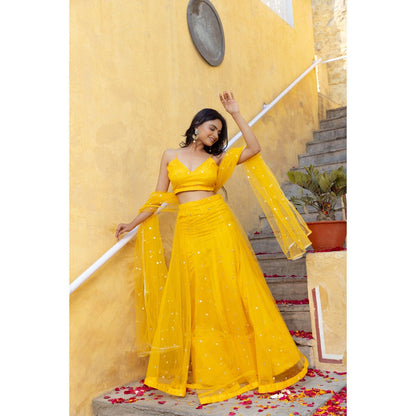 DEASHA INDIA Sahana Yellow Embroidered Net Lehenga with Blouse and Dupatta (Set of 3)