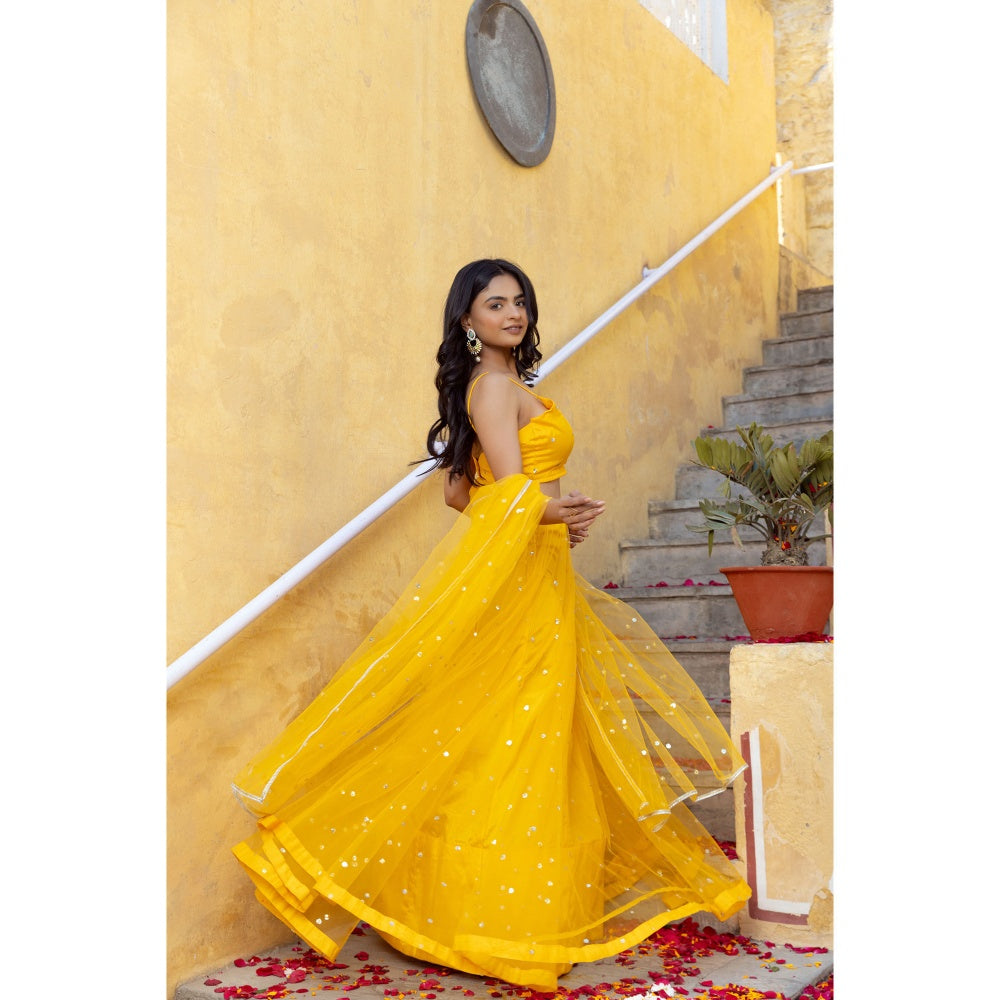 DEASHA INDIA Sahana Yellow Embroidered Net Lehenga with Blouse and Dupatta (Set of 3)