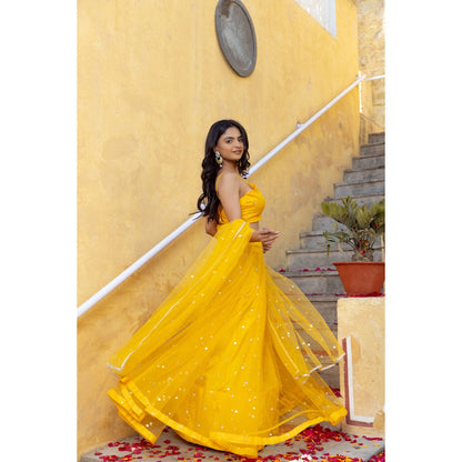 DEASHA INDIA Sahana Yellow Embroidered Net Lehenga with Blouse and Dupatta (Set of 3)