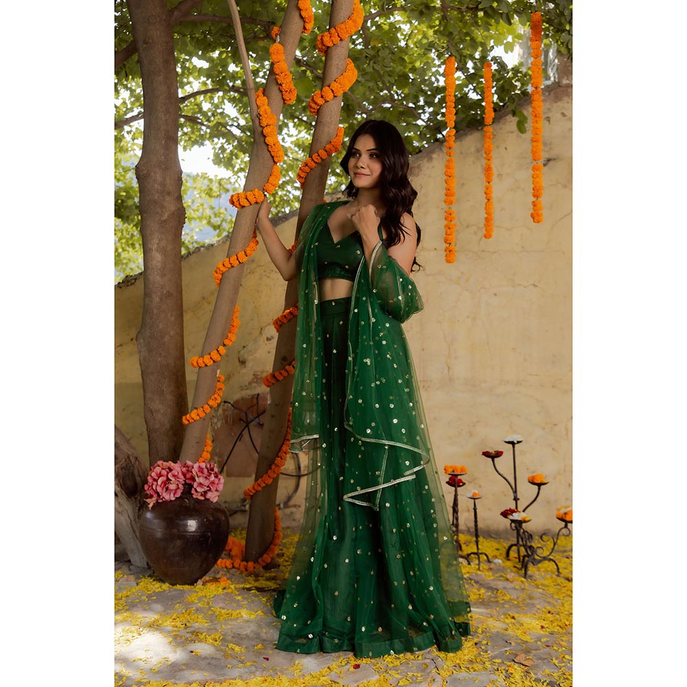 DEASHA INDIA Heena Green Net Embroidered Lehenga with Blouse and Dupatta (Set of 3)