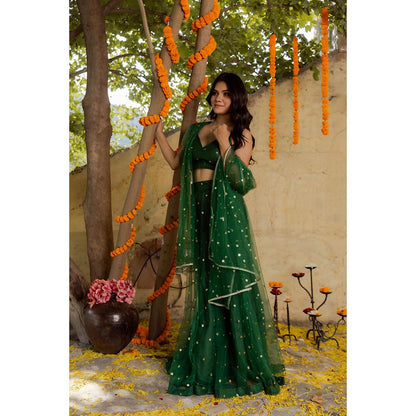 DEASHA INDIA Heena Green Net Embroidered Lehenga with Blouse and Dupatta (Set of 3)