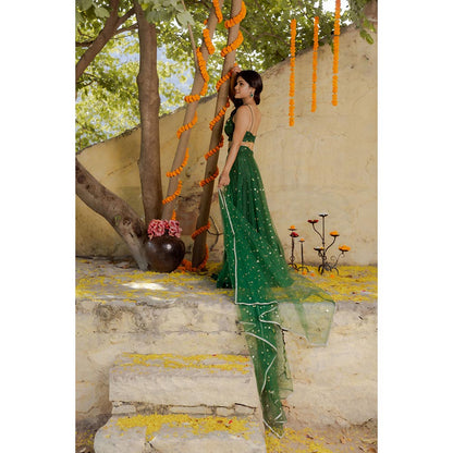 DEASHA INDIA Heena Green Net Embroidered Lehenga with Blouse and Dupatta (Set of 3)