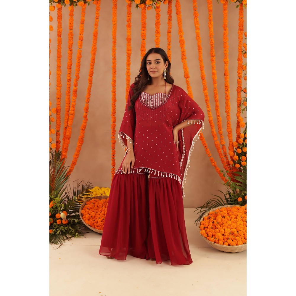DEASHA INDIA Kimaya Red Kaftan with Blouse & Sharara
