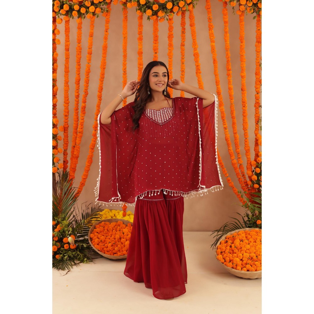DEASHA INDIA Kimaya Red Kaftan with Blouse & Sharara