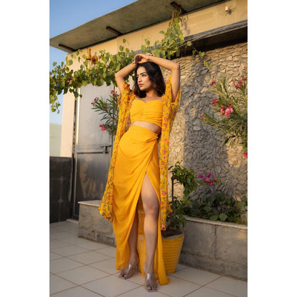 DEASHA INDIA Eli Yellow Floral Cape with Bustier & Skirt