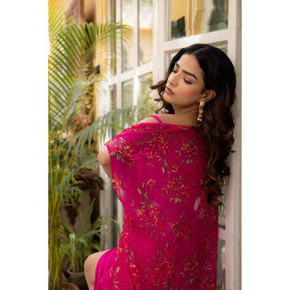 DEASHA INDIA Ivy Magenta Pink Floral Cape with Bustier & Skirt