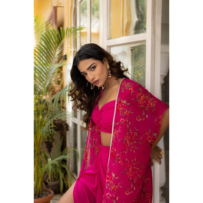 DEASHA INDIA Ivy Magenta Pink Floral Cape with Bustier & Skirt
