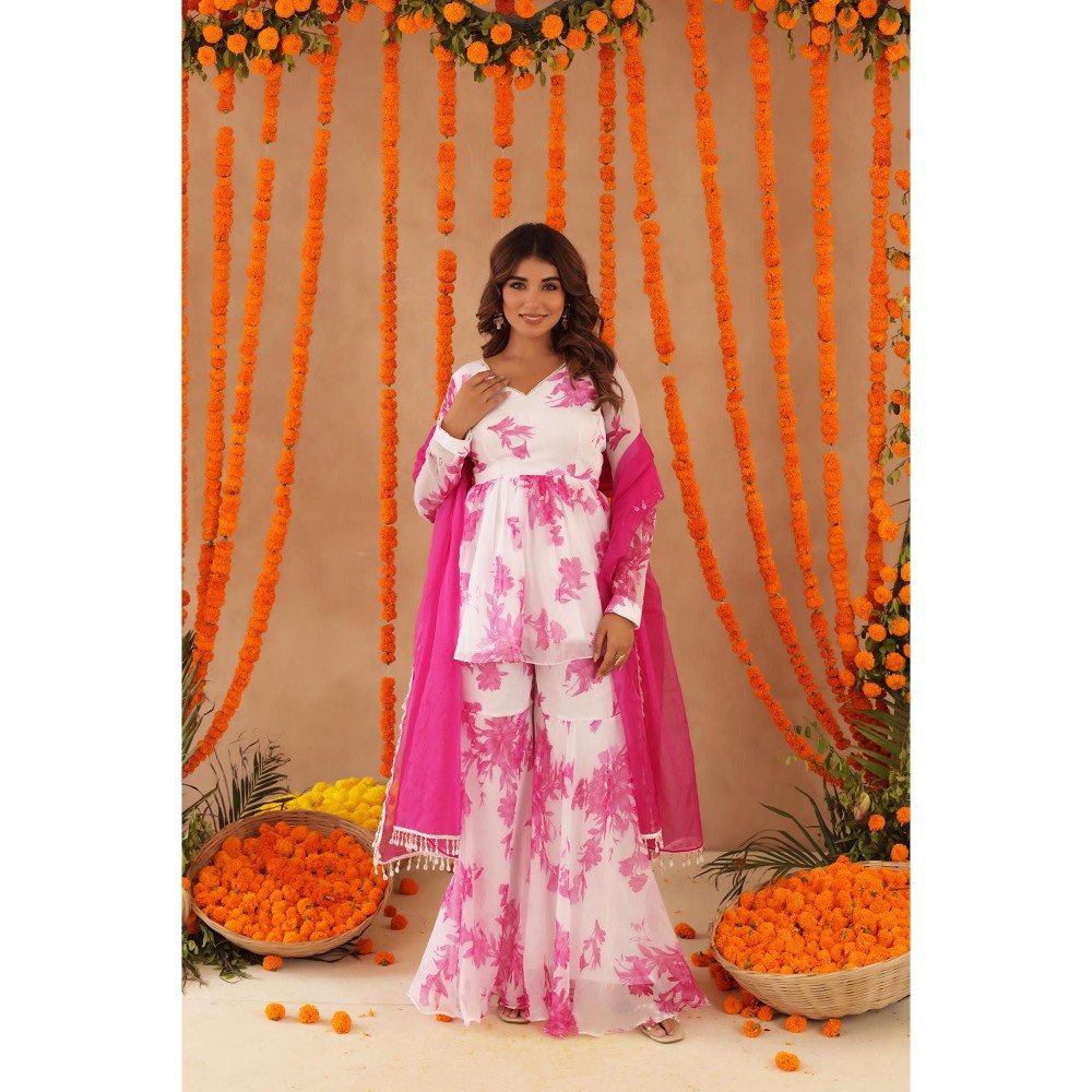 DEASHA INDIA Trisha White Pink Floral Sharara with Kurti & Dupatta