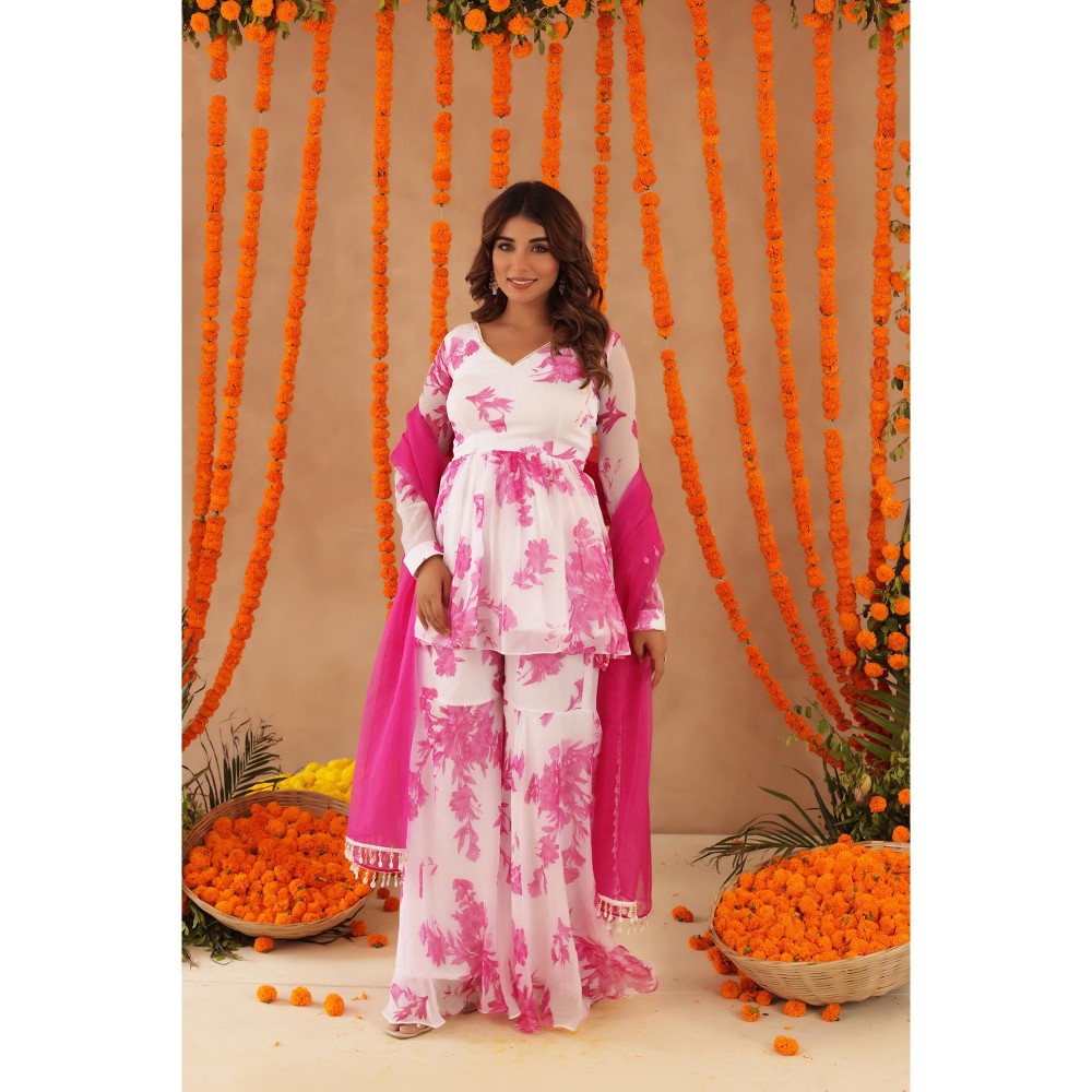 DEASHA INDIA Trisha White Pink Floral Sharara with Kurti & Dupatta