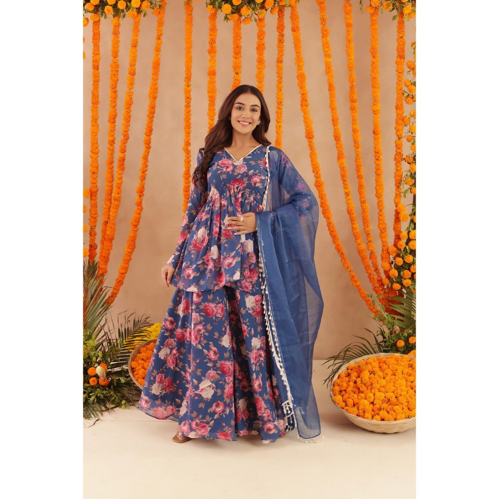 DEASHA INDIA Veera Blue Floral Print Kurti with Palazzo & Dupatta