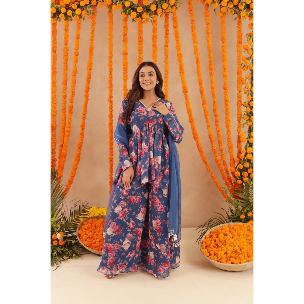 DEASHA INDIA Veera Blue Floral Print Kurti with Palazzo & Dupatta