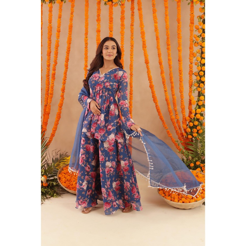 DEASHA INDIA Veera Blue Floral Print Kurti with Palazzo & Dupatta