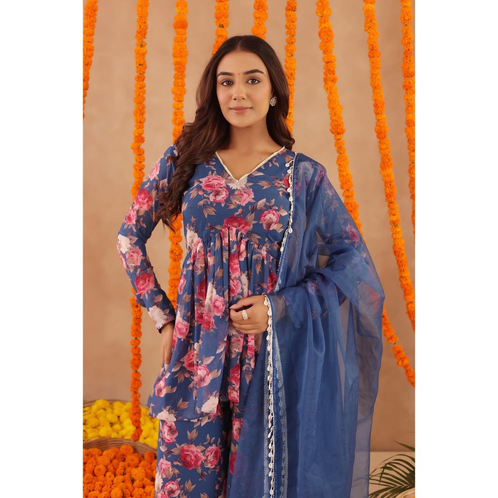 DEASHA INDIA Veera Blue Floral Print Kurti with Palazzo & Dupatta