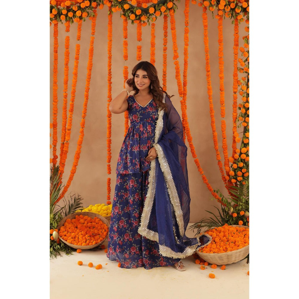 DEASHA INDIA Zeisha Blue Floral Print Kurti with Palazzo & Dupatta