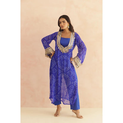 DEASHA INDIA Ravina Royal Blue Bandhej Lace Work Bustier with Kurta & Pant
