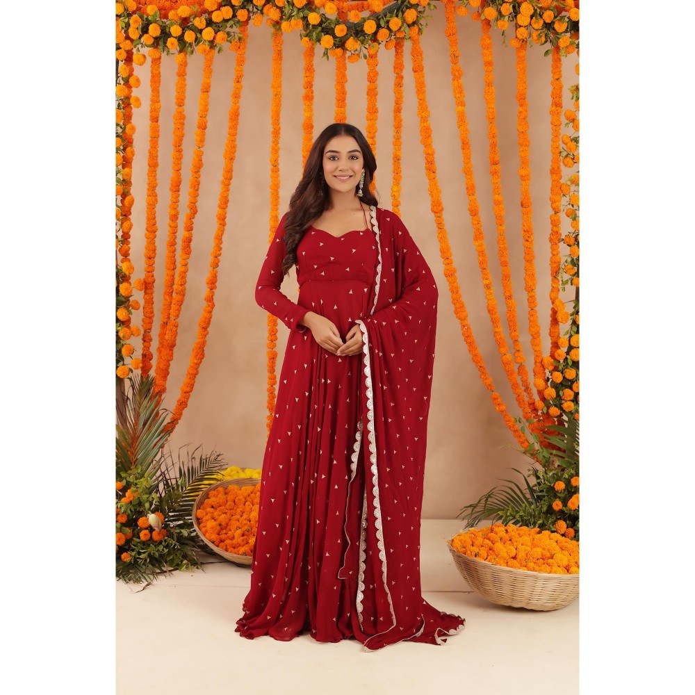 DEASHA INDIA Ishani Red Anarkali with Pant & Dupatta