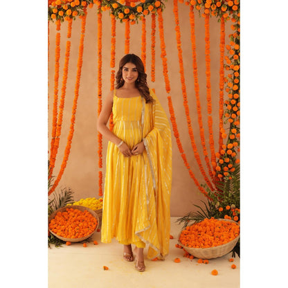 DEASHA INDIA Kaamya Yellow Lurex Anarkali with Pant & Dupatta