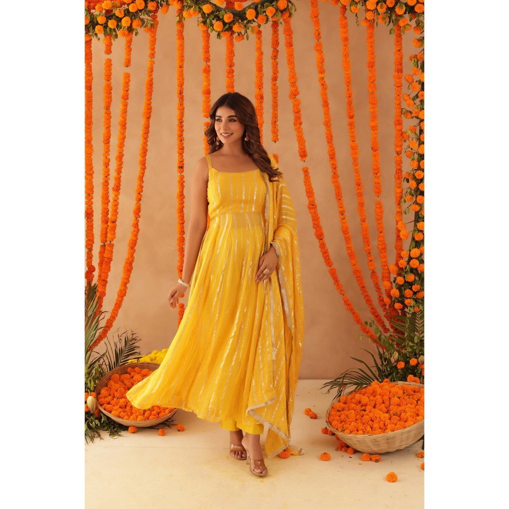 DEASHA INDIA Kaamya Yellow Lurex Anarkali with Pant & Dupatta