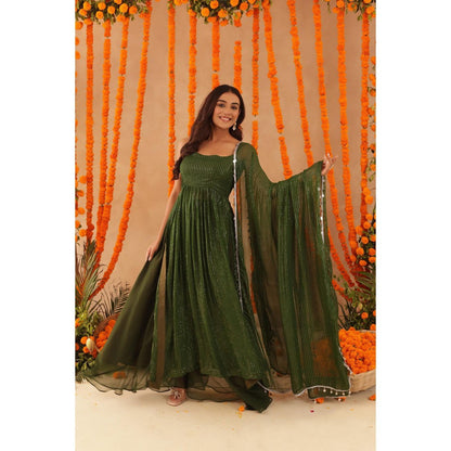DEASHA INDIA Sobhita Green Lurex Anarkali with Pant & Dupatta