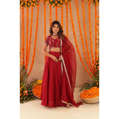 DEASHA INDIA Rasha Red Detailed Lehenga with Blouse and Dupatta