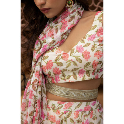 DEASHA INDIA Megan Jasmine White Floral Printed Saree with Stitched Blouse and Belt