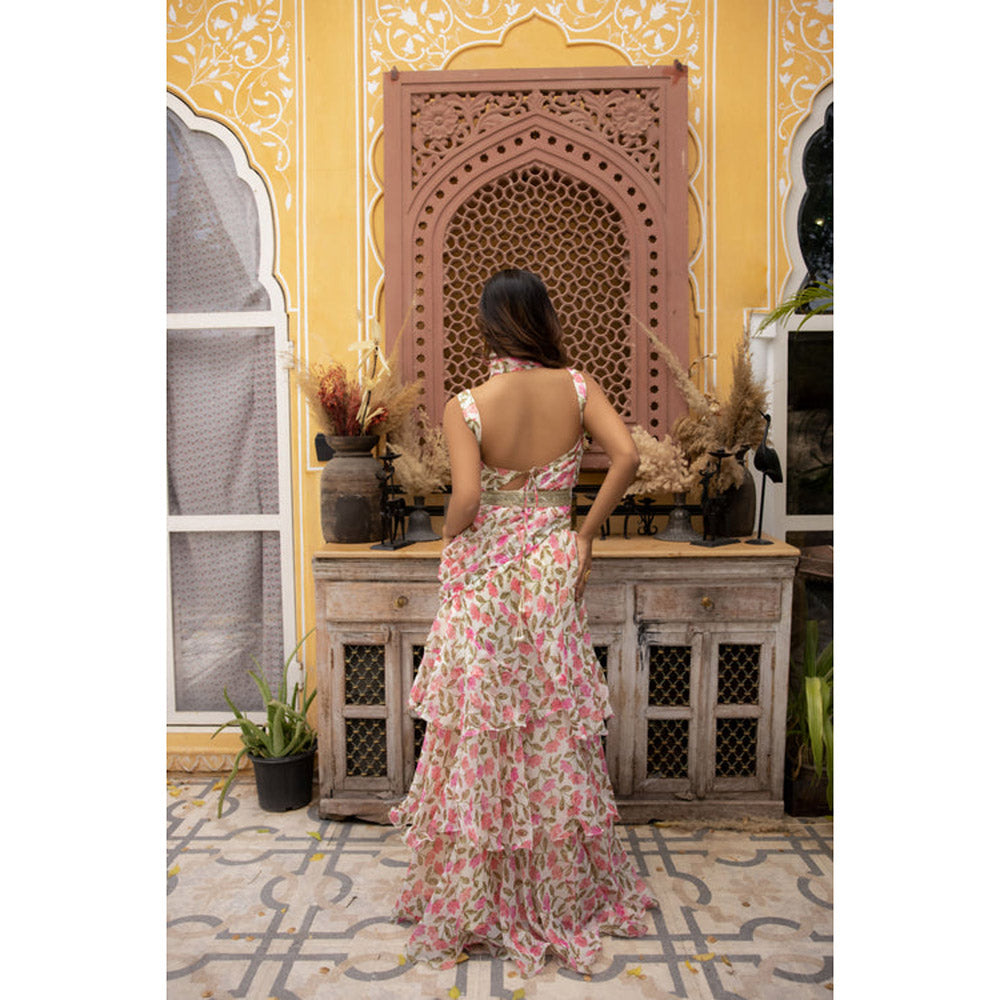DEASHA INDIA Megan Jasmine White Floral Printed Saree with Stitched Blouse and Belt