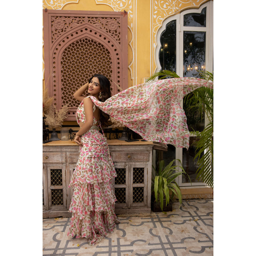 DEASHA INDIA Megan Jasmine White Floral Printed Saree with Stitched Blouse and Belt