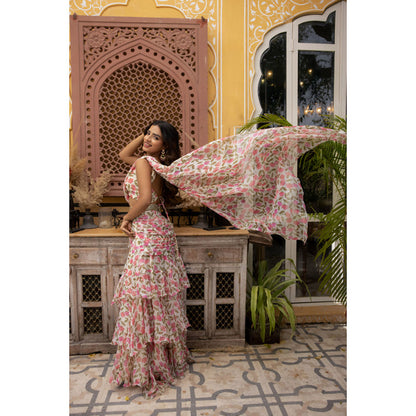 DEASHA INDIA Megan Jasmine White Floral Printed Saree with Stitched Blouse and Belt