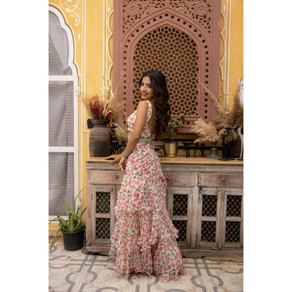 DEASHA INDIA Megan Jasmine White Floral Printed Saree with Stitched Blouse and Belt