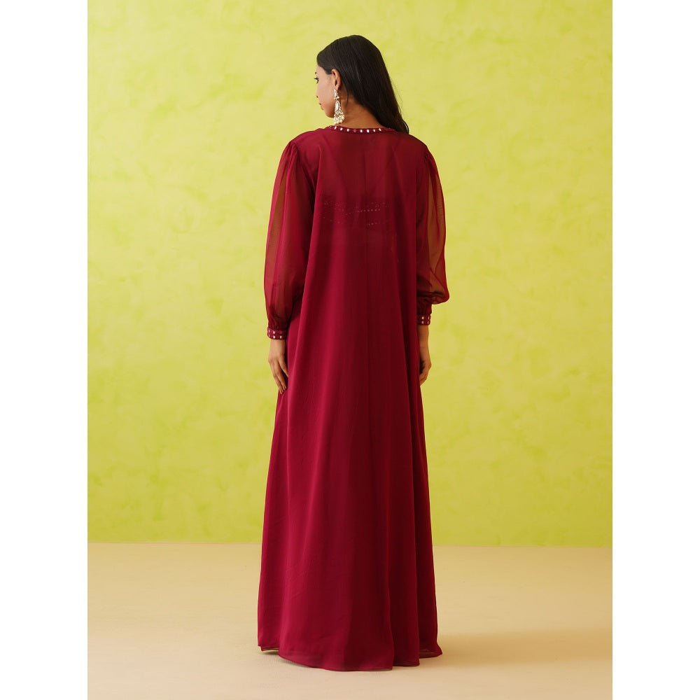 Deepika Chadha Maroon Embroidered Crop Top with Shrug and Skirt (Set of 3)