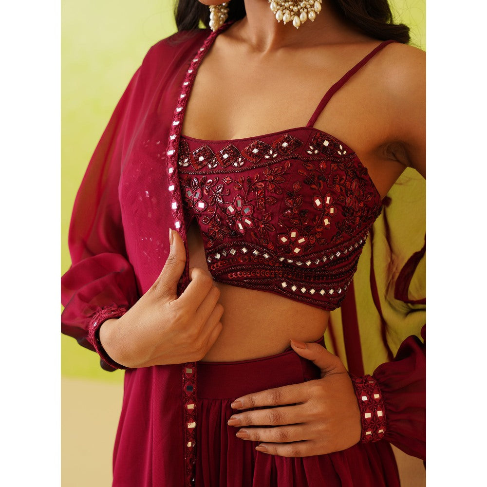 Deepika Chadha Maroon Embroidered Crop Top with Shrug and Skirt (Set of 3)