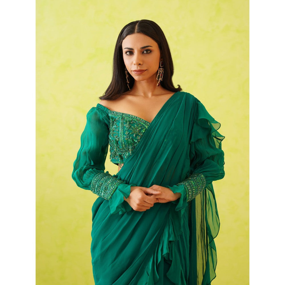Deepika Chadha Green Pre-Draped Embroidered Saree with Stitched Blouse