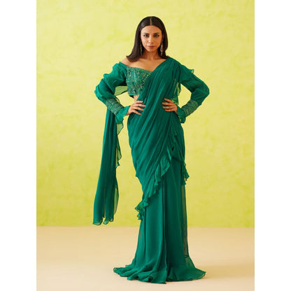 Deepika Chadha Green Pre-Draped Embroidered Saree with Stitched Blouse